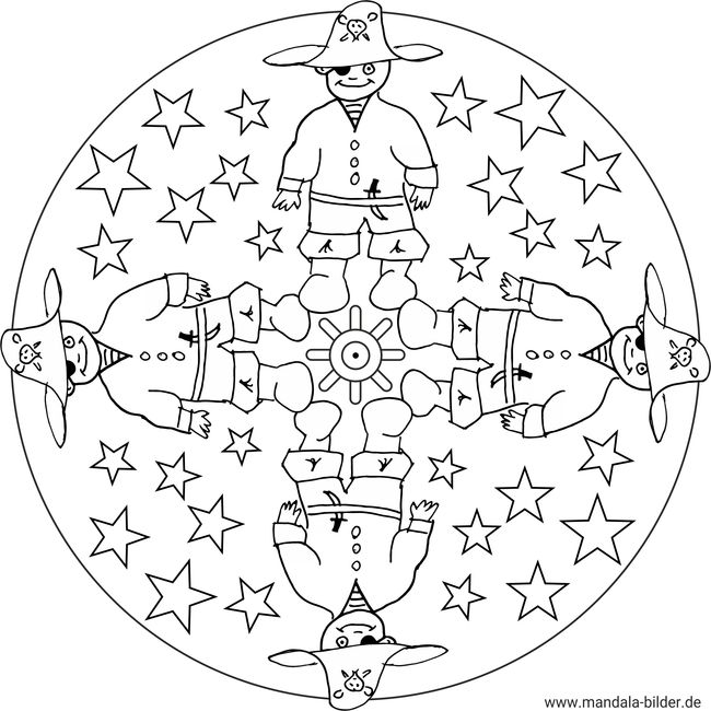Piraten und Sterne - Mandala Malvorlage zum Ausdrucken