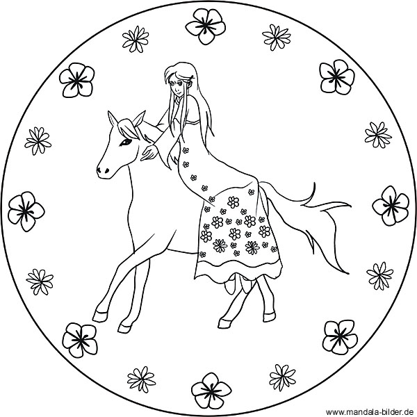 Mandala Ausmalbild - Prinzessin reitet auf einem Pferd