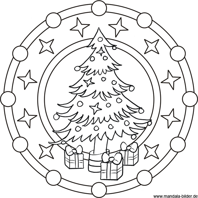 Mandala Malvorlage zu Weihnachten - Weihnachtsbaum und Geschenke