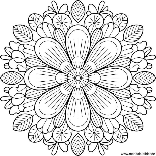 Blumen Mandala mit Blättern als Malvorlage für Erwachsene