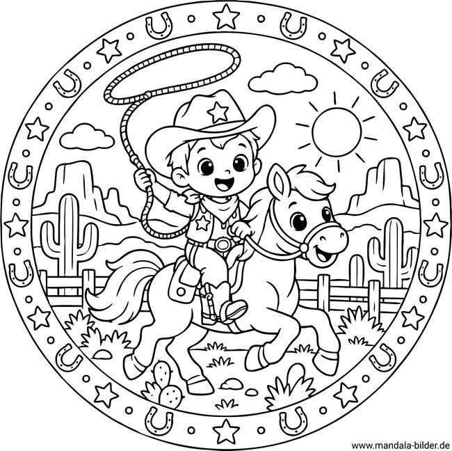 Cowboy reitet auf einem Pferd Mandala Malvorlage kostenlos