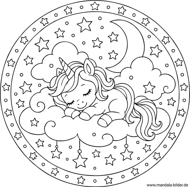 Babyeinhorn auf einer Wolke Mandala Ausmalbild