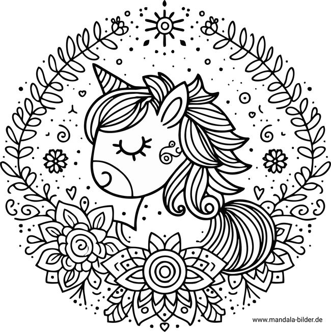 Mandala Einhorn Blumen Ausmalbild