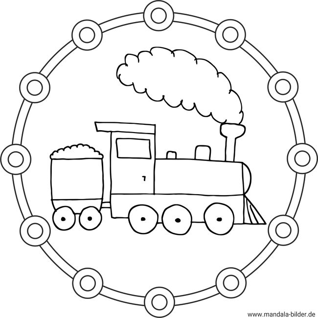 Kindermandala mit einer Lokomotive zum Ausmalen