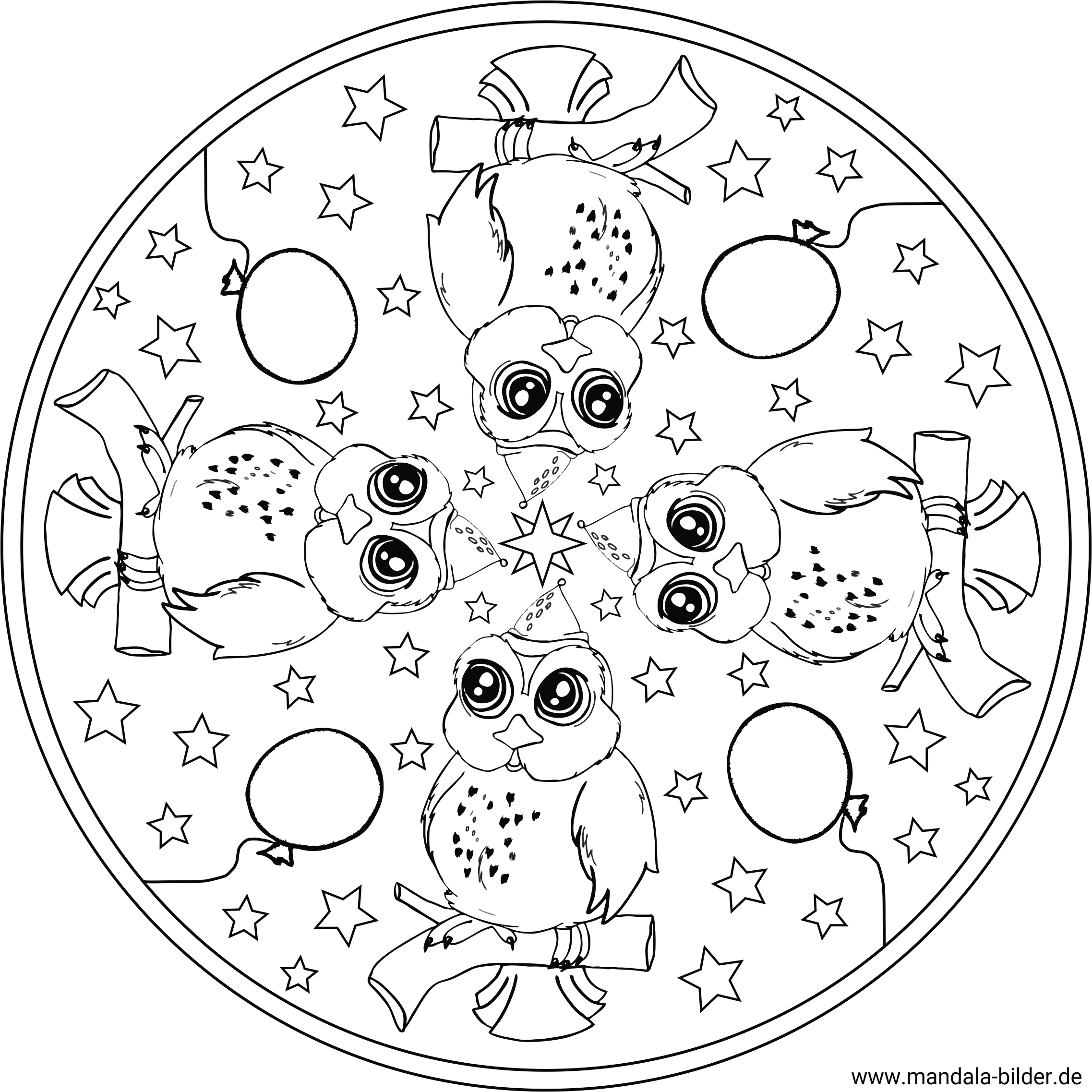 Mandala Ausmalbild mit vier Eulen - Kindergeburtstag, Geburtstag, Party, Feste