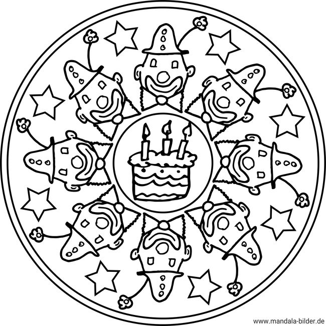 Mandala Vorlage mit Clowns und einem Kuchen - Malvorlage für Kinder