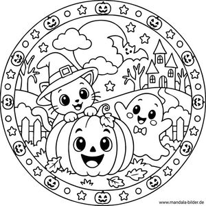 Halloween Mandala-Ausmalbild für Kinder mit eiunem Kürbis und einem Geist