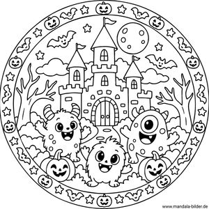 Halloween Mandala mit kleinen Monstern und eine Burg