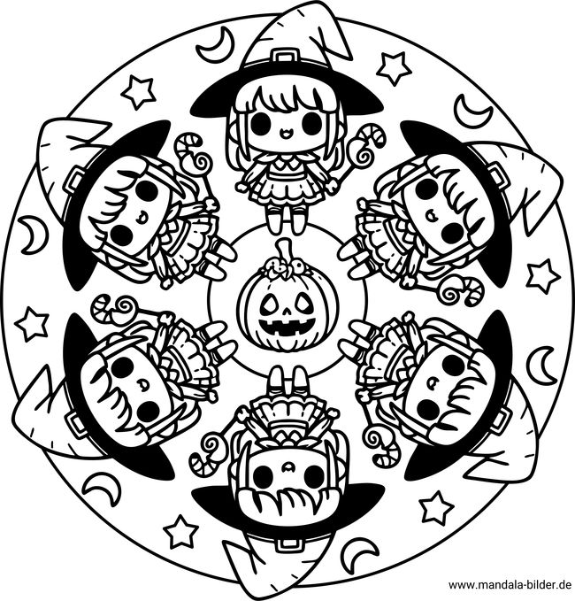Mandala Ausmalbild Halloween Hexen