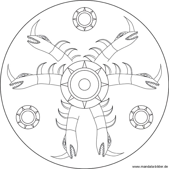 Mandala Drache - Ausmalbild mit Drachenköpfen