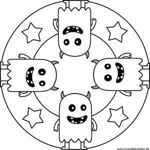 vier Monster als einfaches Mandala-Ausmalbild