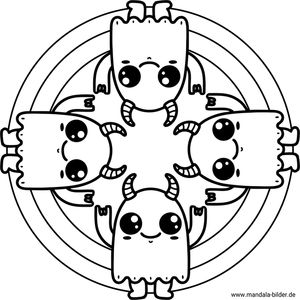 Vier Monster Mandala-Ausmalbild