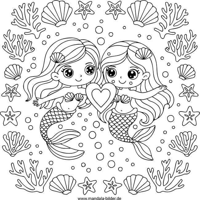 Kostenloses Mandala-Ausmalbild zwei Meerjungfrauen
