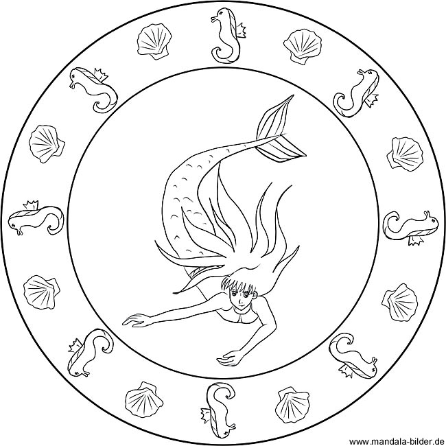 Mandala als Malvorlage mit einer Meerjungfrau, Muscheln und Fischen