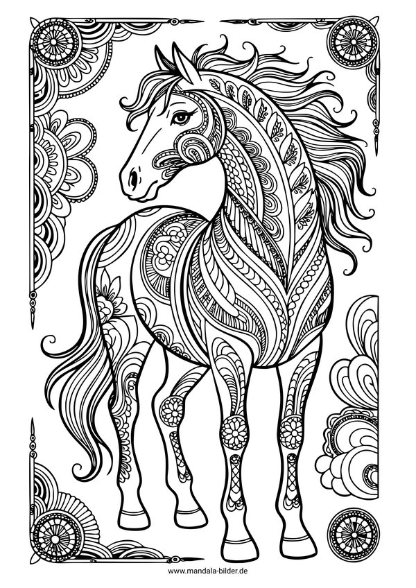 Ausmalbild Pferd mit Mandalas und Muster
