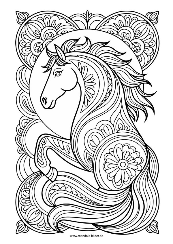 Pferd mit Mandalas als kunstvolles Ausmalbild für Erwachsene