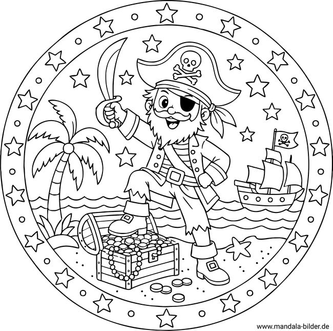 Pirat mit Schatztruhe Mandala Ausmalbild