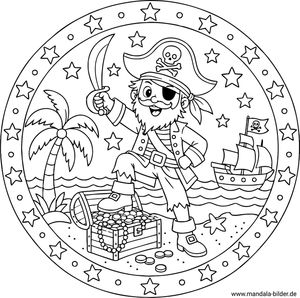 Pirat mit Schatztruhe auf einer Schatzinsel Mandala Malvorlage