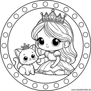 Mandala Malvorlage Prinzessin spielt mit der Katze