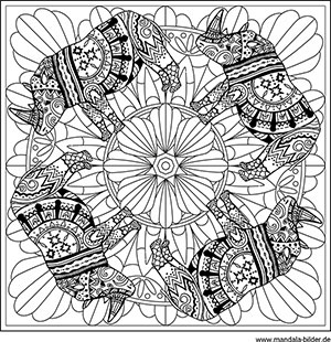 Quadratisches Mandala Tiere für Erwachsene zum Ausmalen