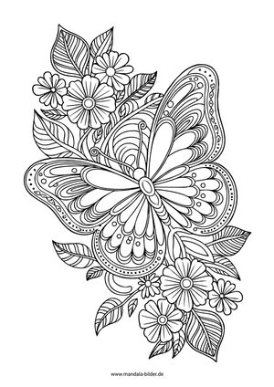 Schmetterling und Blumen Mandala Ausmalbild dür Erwachsene