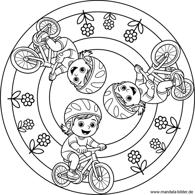 Junge fährt mit seinem Fahrrad Mandala-Ausmalbild