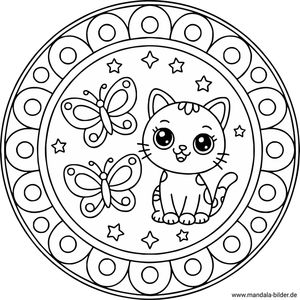 Süße Katze Schmetterling Mandala-Ausmalbild