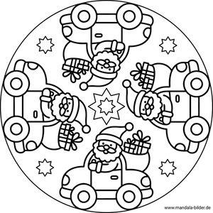 Mandala-Malvorlage Weihnachtsmann fährt ein Auto