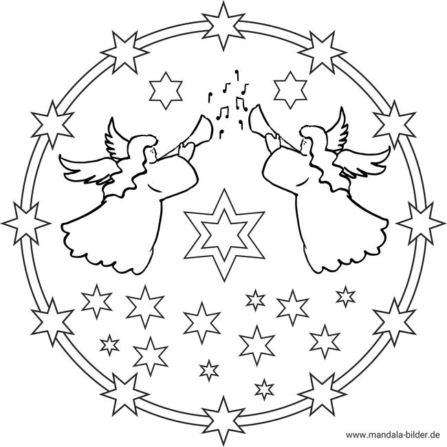 Mandala Vorlage mit Engel und Sternen zu Weihnachten
