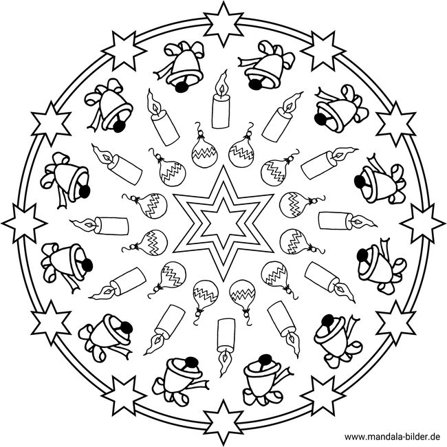 Mandala Weihnachten - Vorlage von Glocken, Kerzen und Christbaumkugeln