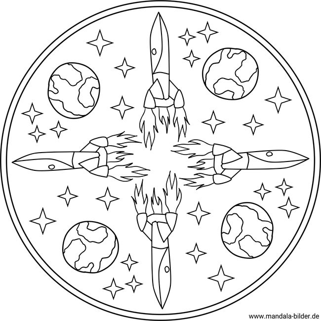 Mandala Ausmalbild mit Raketen, Planeten im Weltraum