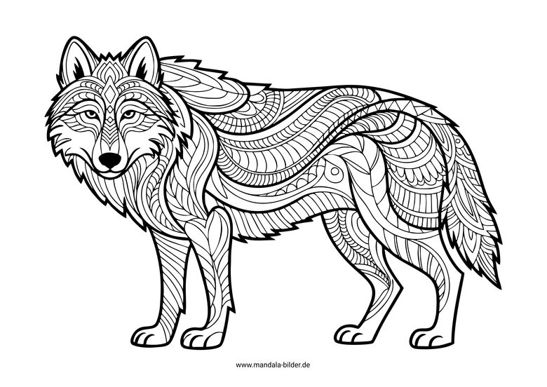 Ausmalbild Wolf mit Mandala-Muster