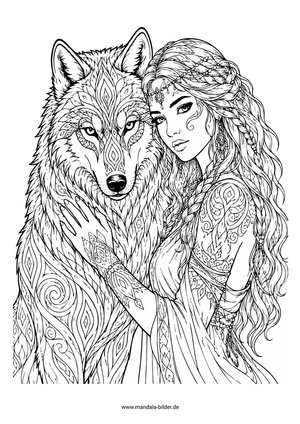 Frau und Wolf Ausmalbild für Erwachsene zum Ausmalen