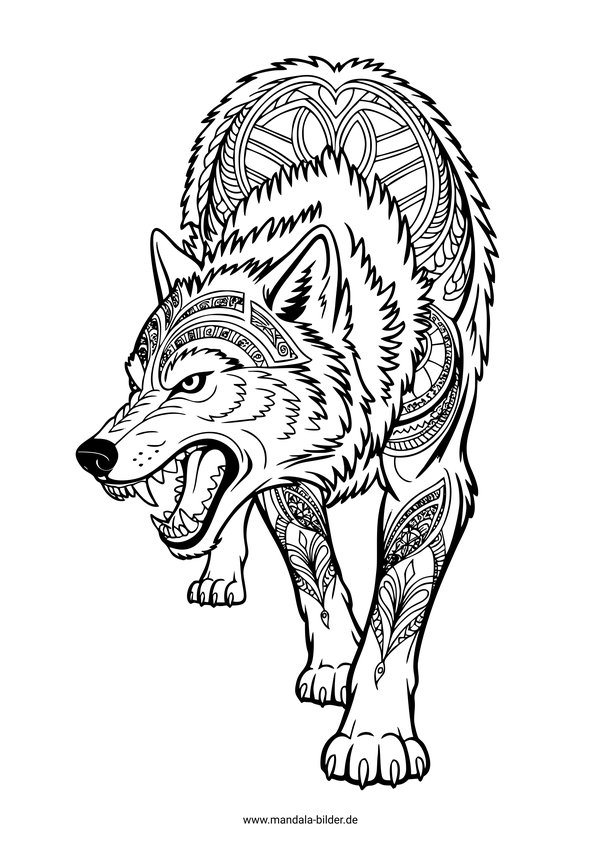 Wilder Wolf mit Muster Ausmalbild Erwachsene
