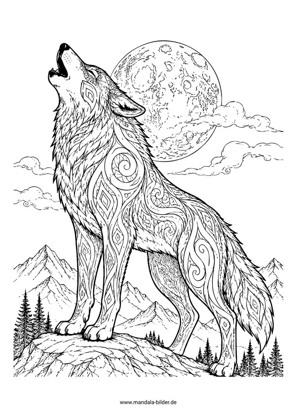 Wolf heult den Mond an Mandala Ausmalbild