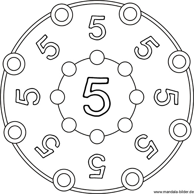 Malvorlage mit Zahlen - Mandala mit der Zahl fünf