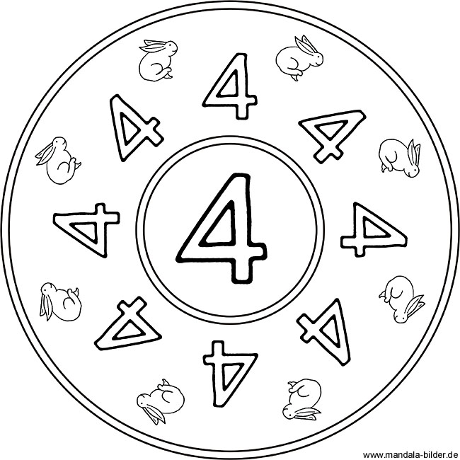 Mandala Ausmalbild mit der Zahl Vier - Zahlenarbeitsblatt